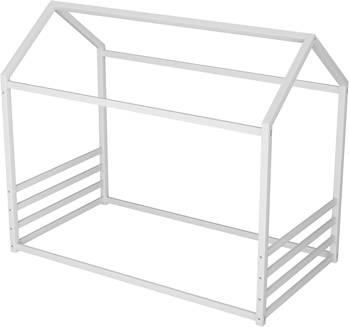 Harper & Bright Designs Full Size Montessori Floor Bed for Children, Metal House Bed Frame with Roof and Fence, Kids Floor Bed Frame for Boys Girls, Easy Assemble, No Slats,White