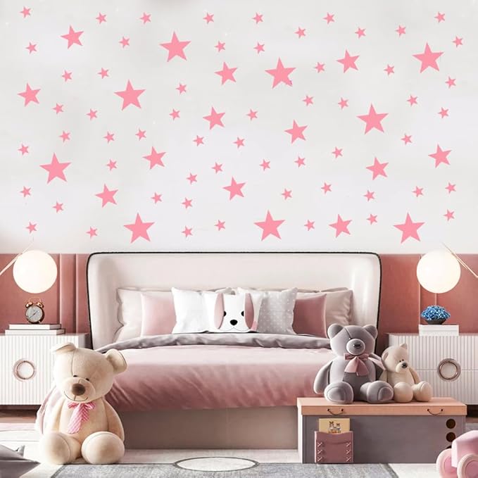 Peel and Stick Baby Pink Star Wall Decals – 155 pcs, Reusable & Removable for Easy Room Decor, Perfect for Kids' Bedrooms and Nurseries