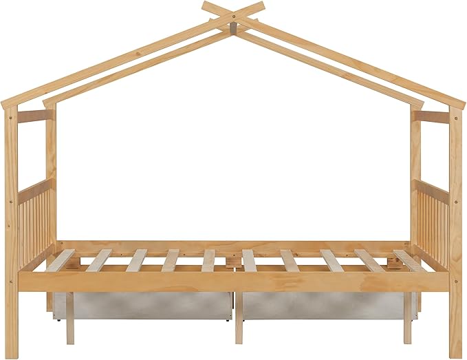 Merax Full Size Wooden House Bed with Two Drawers, Wood Bed Frame with Roof for Kids, Teens, Boys or Girls, Natural