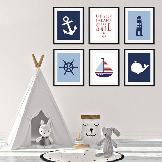 Andaz Press Ocean Nautical Sailor Theme Nursery Kids Bedroom Hanging Wall Art Decor, 8.5x11-inch, Navy Blue Theme, Boat, Anchor, Lighthouse, Whale, 6-Pack, Unframed Room Poster