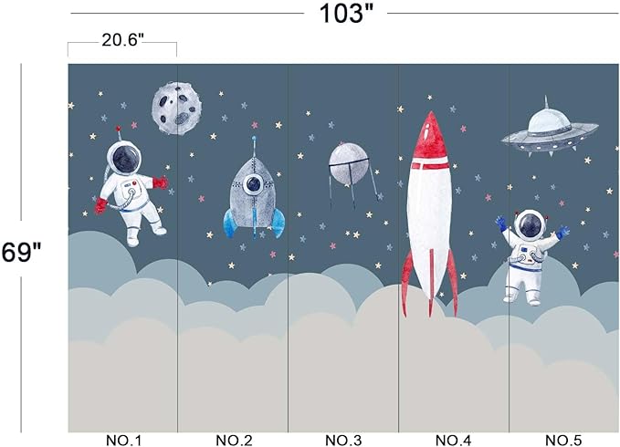 Children's Astronaut Rocket Moon Nursery Wall Mural Wallpaper 103" x 69"