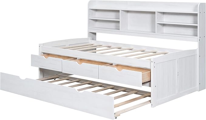 Harper & Bright Designs Twin Size Captain Bed with Built-in Bookshelves/3 Storage Drawers/Trundle, Wooden Twin Daybed Bed Frame for Kids Teens Dorm Bedroom Multipurpose Guest Room, White Wash