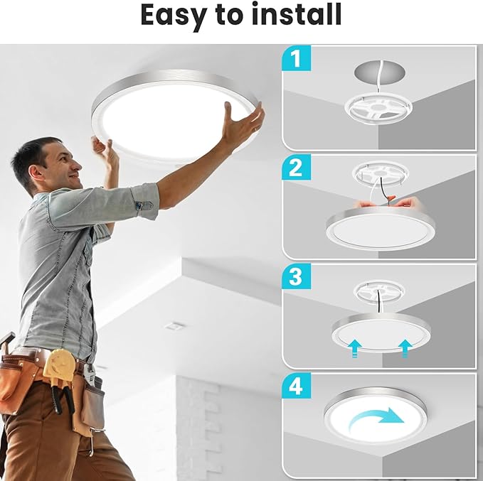 libtit 3 Pack 7 Inch Led Ceiling Light Flush Mount Nickel Brushed, 15W Light Fixtures Ceiling Mount, 3000K/4000K/6500K Color Options, Thin Flat Led Ceiling Light for Ceiling Bathroom Hallway Closet