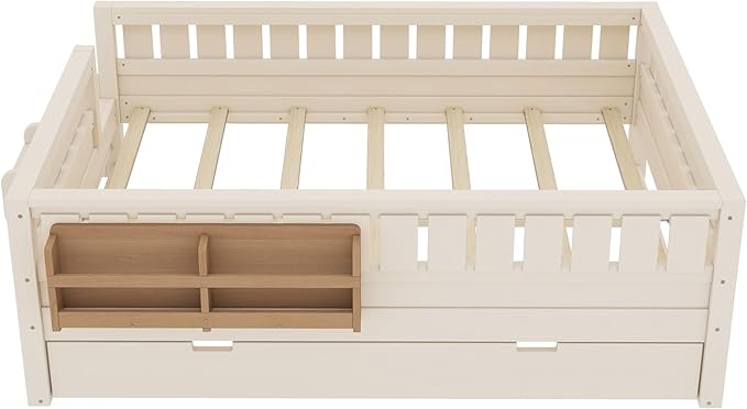 Bellemave Full Size Kids Bed with high Rails and with Built-in Bookshelf and Trundle for Kids, Girls, Boys, Wood Montessori Bed Without Door, Beige