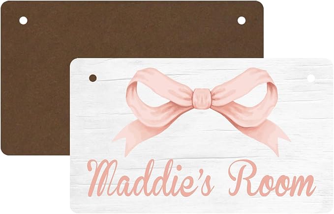 Personalized Rose Pink Bow Kids Room Door Sign Custom Name Girls Boys Bedroom Decor Toddler Baby Nursery Wood Art Wall Plaque 12x6 Inches