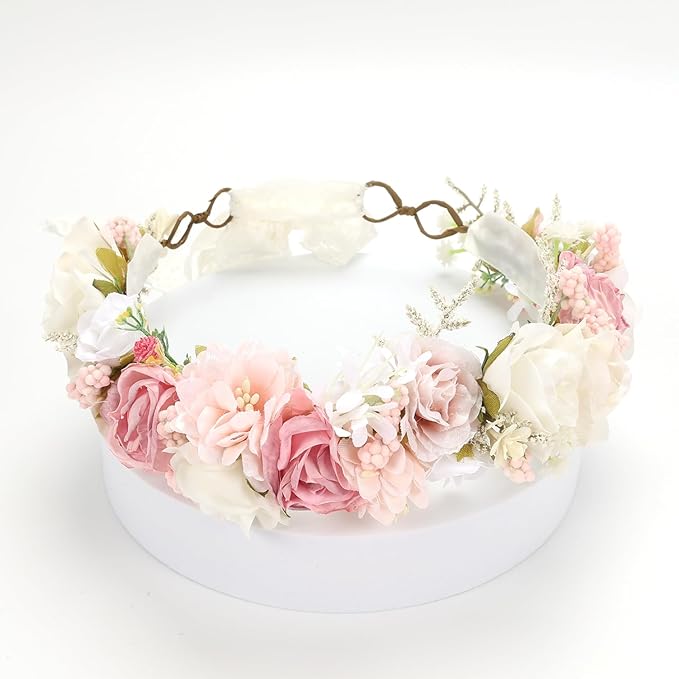 White Blush Pink Flower Crown for Girls Children Floral Headpiece Pink Kids Headband Wedding Holo Hair Accessories Birthday Photo Prop