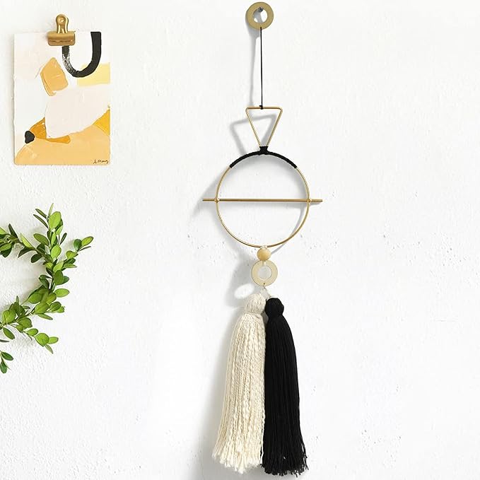IOWER Boho Wall Decor Gold And Black Macrame Wall Decor Brass Wall Art Cute Home hanging Wall Decor For Living Room 15.7" H