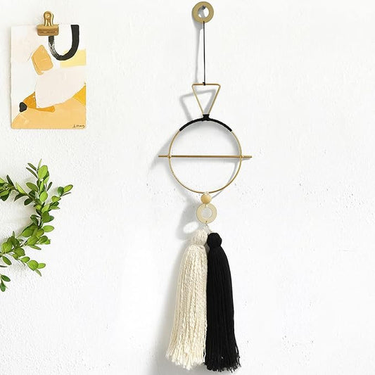 IOWER Boho Wall Decor Gold And Black Macrame Wall Decor Brass Wall Art Cute Home hanging Wall Decor For Living Room 15.7" H