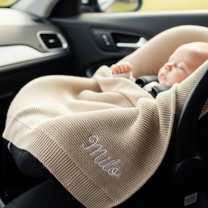 Customized Baby Blanket - 100% GOTS Certified Organic Cotton - Personalized Baby Blanket for Newborn - Embroidered Swaddle, Custom Monogram Baby Name Blankets (Baby Blue)