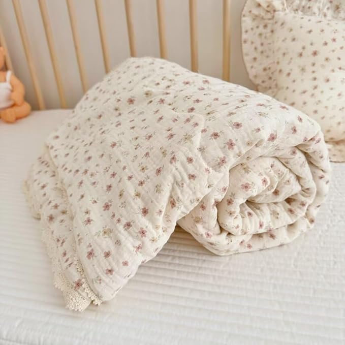 BuLuTu Cotton Muslin Toddler Quilt Blanket for Girls Boys Cute Pink Floral Toddler Quilts Soft Lightweight Crib Blankets Children Bed Blankets, Machine Washable, 47x59 Inches