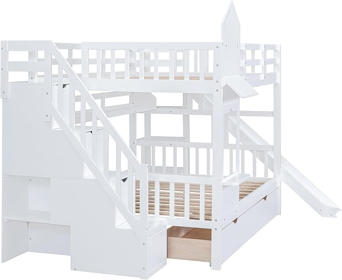 Full-Over-Full Castle Style Bunk Bed with 2 Drawers and 3 Shelves, Wood Bunk Bed Frame with Slide and Storage Staircase for Kids Teens Boys Girls, Maximize Space Savings (White +Full-3)