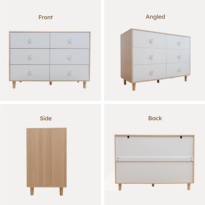 White Dresser for Bedroom, 6 Drawer Dressers with Solid Wood Legs, Baby Dresser for Kids, Storage for Clothes and Baby Essentials