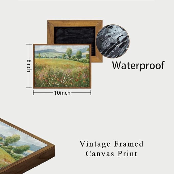 OIQArtOIQ Vintage Landscape Framed Wall Art Spring Countryside Colorful Wildflower Field Canvas Art Prints Farmhouse Cottagecore Pictures Wall Decor Rustic Meadow Paintings Artwork For Kitchen Bedroom