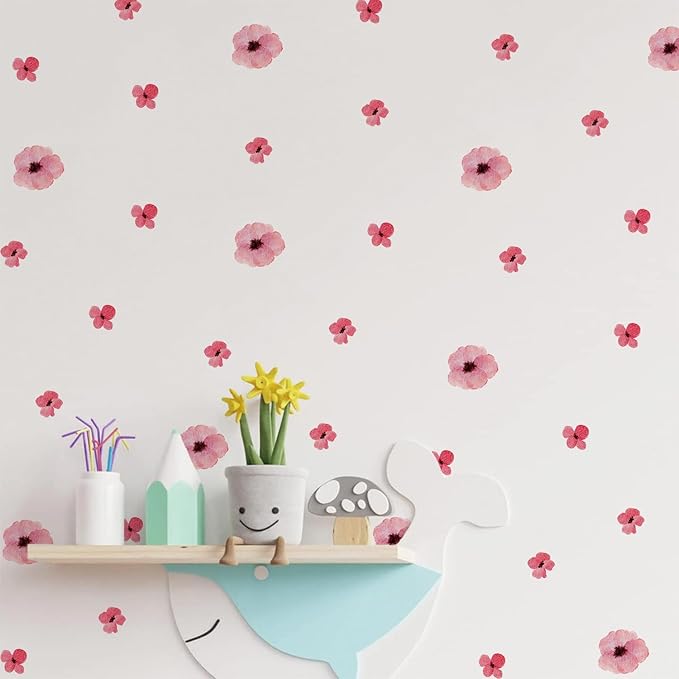 208Pcs Boho Flower Wall Stickers, Peel and Stick Pink Floral Wall Decals, Removable Neutral Watercolor Wildflower Blossom Window Clings for Girls Bedroom Living Room Offices Home Decoration