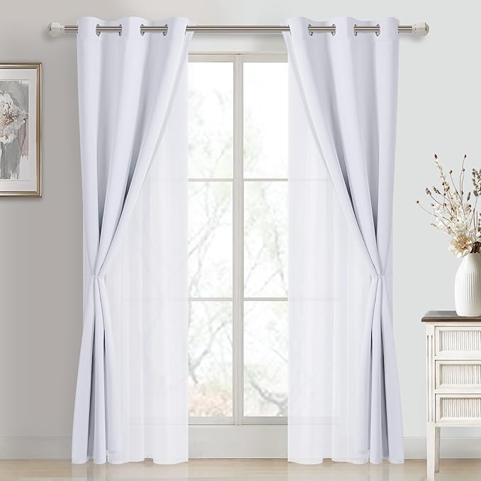 DWCN White Blackout Curtains with Sheer Overlay Thermal Insulated Mix & Match Double Layer Window Panels for Bedroom Living Room Drape Sewn with Tiebacks Grommet Top 38" Wx84 Lx2