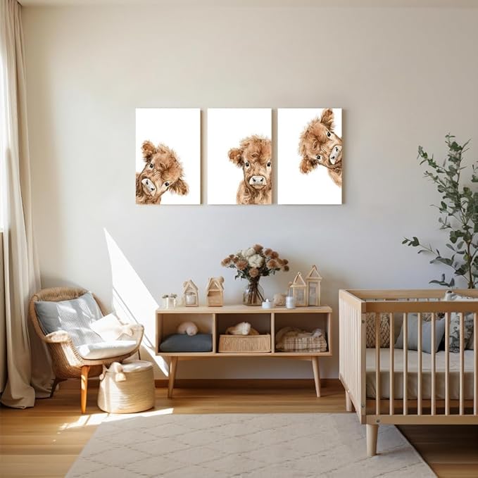 Peeking Cow Nursery Wall Art, Cute Highland Cow Print, 3 Piece Watercolor Baby Animal Nursery Wall Decor, Farmhouse Picture for Baby Boy Girl Room Decor, Framed Canvas Set, 12"x16"x3