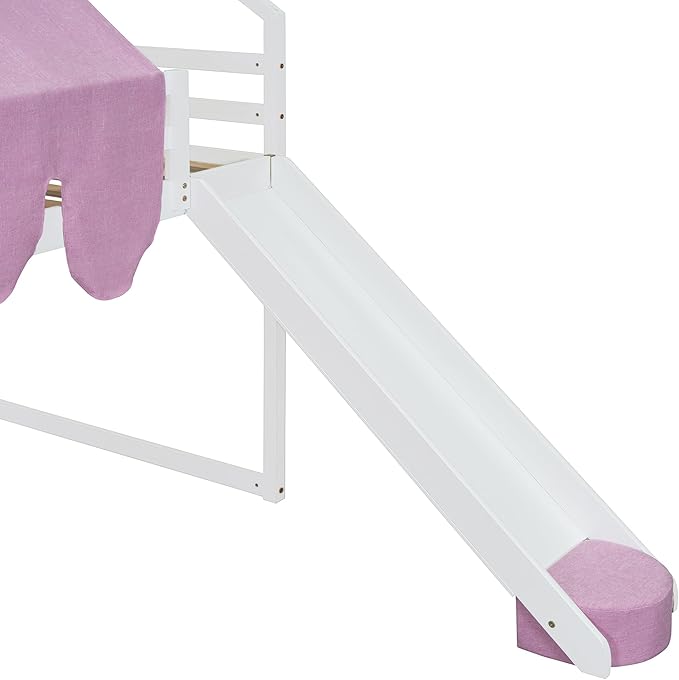 Playhouse Design Full Size Wood Loft Bed with Slide and Tent, Low Loft House Bed Frame with Storage Shelves and Removable Car-Shaped Staircase for Kids Teens Boys Girls Bedroom (White-PT)