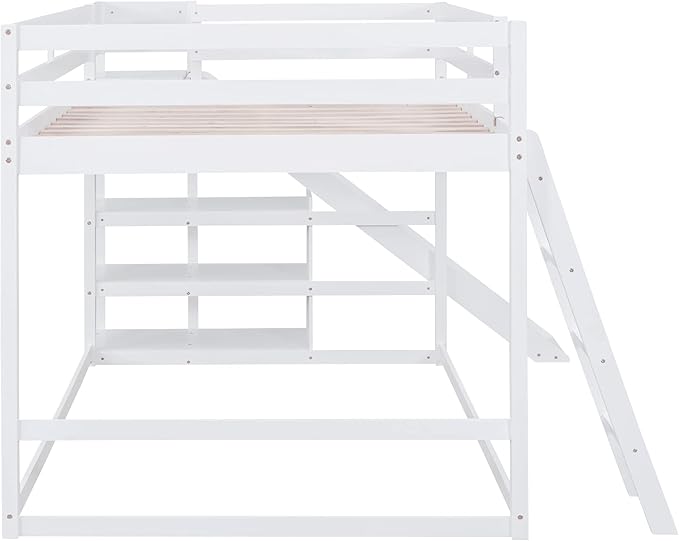 Full Over Full Bunk Bed with Ladder, Wooden Bunk Bed Frame with Slide and Shelves, Low Bunk Bed for Kids Teens Adult, Space-Saving Bedroom Dormitory Furniture (White + Pine-05)