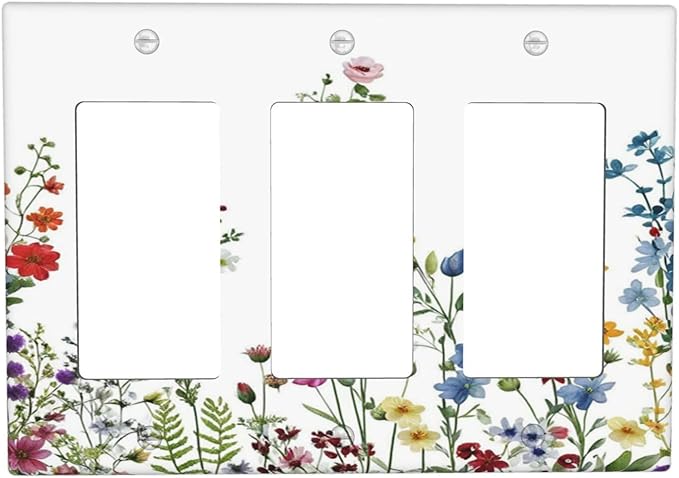 Decorative Light Switch Cover Plate Colorful Wildflowers Plants Flowers on White Background 3 Gang Switch Plate Covers Triple Rocker Wall Plates GFCI Switch Plates and Outlet Covers for Home Decor