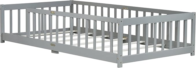 Twin Size Montessori Floor Bed for Kids,Twin Floor Bed Frame with Slats,Solid Wood Twin Bed Frame for Girls Boys,Grey