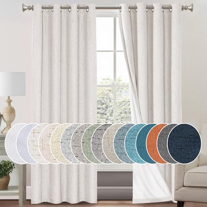 PrinceDeco 100% Blackout Curtains 84 Inches Long with Thermal Insulated White Liner Linen Textured Blackout Curtains for Bedroom, W42 x L84, 2 Panels,84 inch Length for Doorway, Office, Ivory