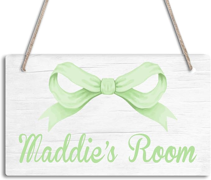 Personalized Green Bow Kids Room Door Sign Custom Name Girls Boys Bedroom Decor Toddler Baby Nursery Wood Art Wall Plaque 12x6 Inches