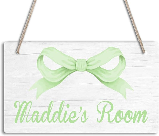 Personalized Green Bow Kids Room Door Sign Custom Name Girls Boys Bedroom Decor Toddler Baby Nursery Wood Art Wall Plaque 12x6 Inches