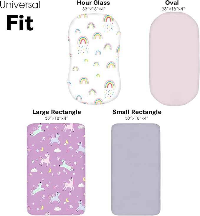 Little Grape Land Bassinet Sheets for Baby Boys Girls 4 Pack, 33" x 18" Extra Soft Breathable Fitted Bassinet Sheets, Bedside Sheets Fit for Oval Rectangle and Hourglass Bassinet Mattress (Rainbow)