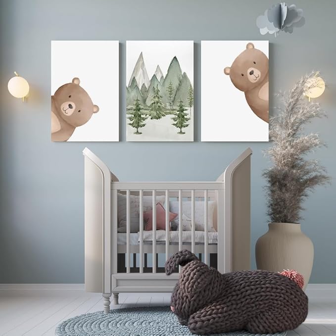 Peeking Bear Nursery Wall Decor, Woodland Nursery Nature Print, Neutral Baby Animals Wall Art for Kid Bedroom, Forest Mountain Wall Art for Baby Boy Girl Bedroom, Framed Canvas, 12"x16"x3