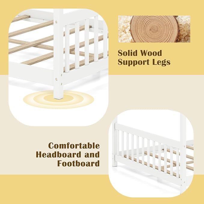 Giantex Full Size Floor Bed, Solid Wood Montessori House Bed with Roof, Headboard and Footboard, Low Full Bed Frame for Kids Teens Girls Boys, No Box Spring Needed, White