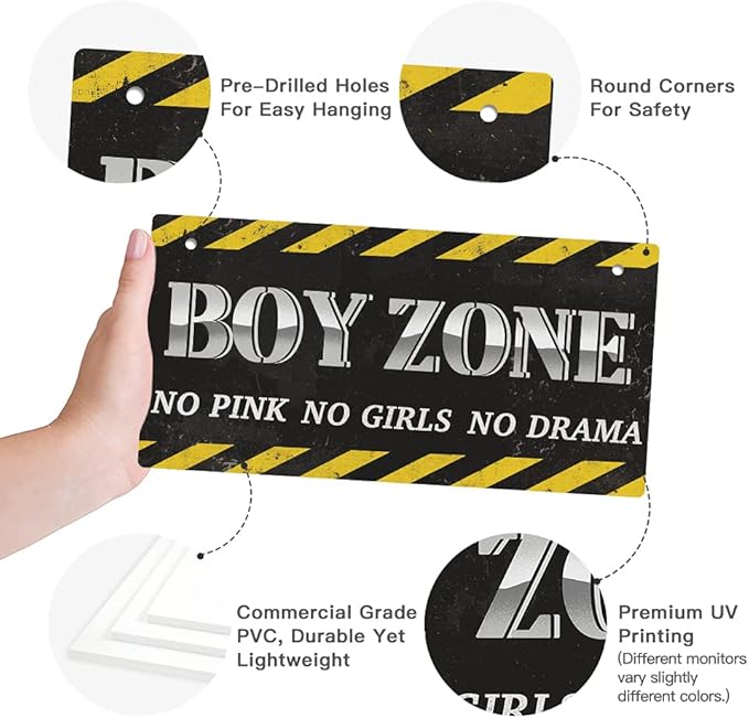 Putuo Decor Little Man Cave Sign, Kids Room Wall Decor, Toddler Boys, Baby, 10x5 Inches PVC Hanging Plaque Gift (No Pink, No Girls, No Drama Boys Zone)