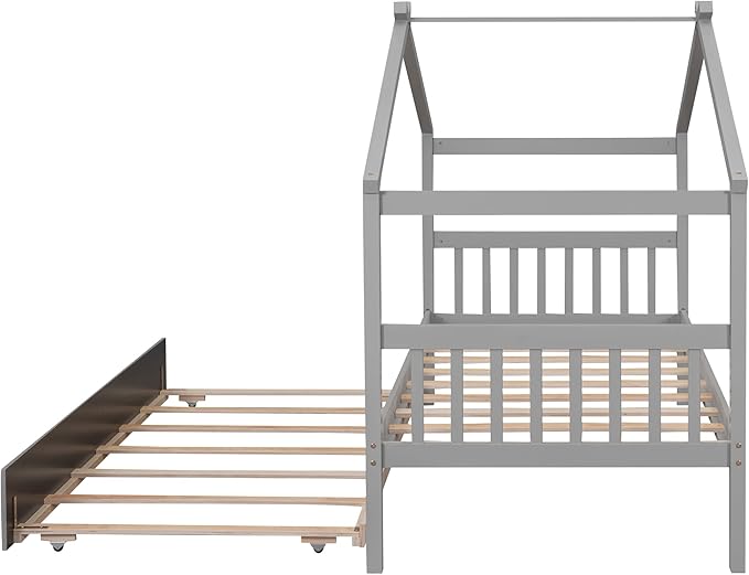 Merax Twin Size Wooden House Bed with Trundle, Wood Bed Frame with Roof for Kids, Teens, Boys or Girls, Grey