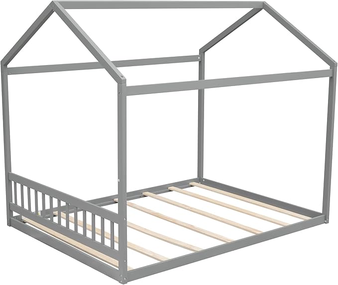 Queen Size Wooden House Bed with Headboard,Bedroom Platform Bed Frame W/ No Box Spring Required,Easy to Assemble/Clean,for Kids Teens Girls Boys,Gray