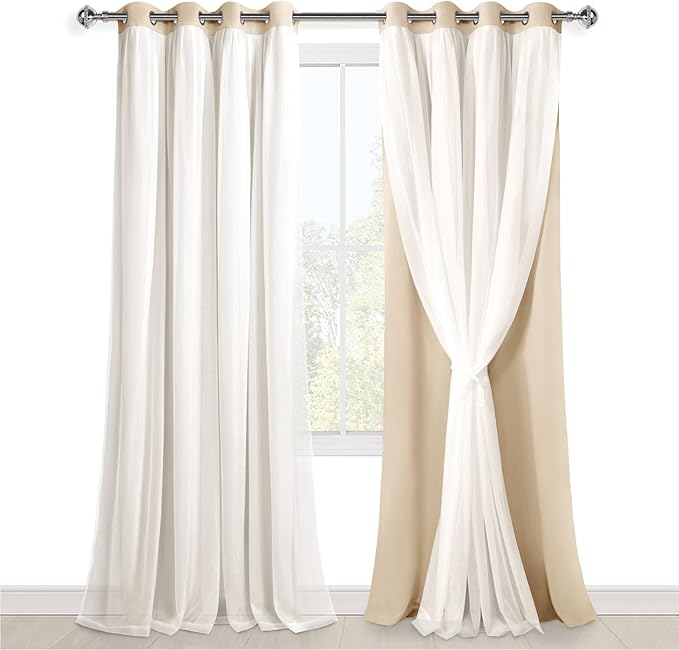 Hiasan Mix & Match Blackout Curtains with Sheer Overlay, Double Layer Thermal Insulated Privacy Grommet Window Curtains for Bedroom, Living Room, 2 Drape Panels with Tiebacks, Beige, 52W X 108L