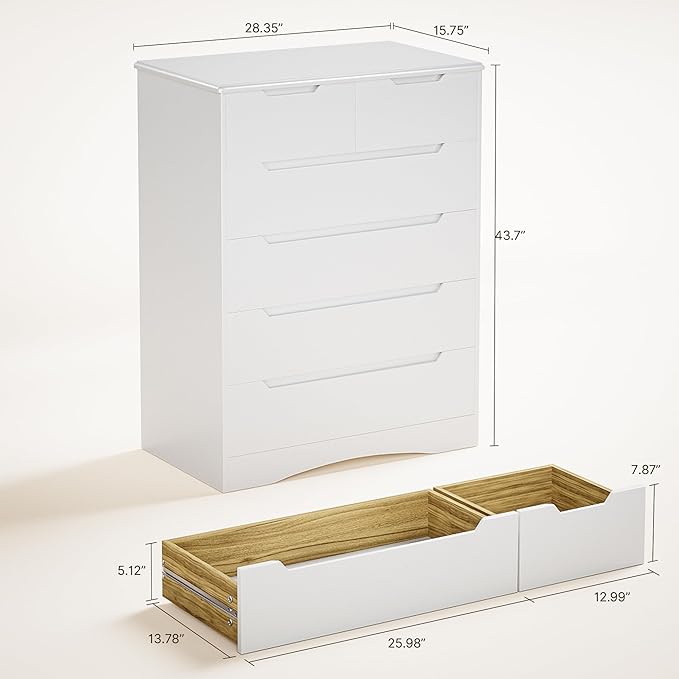 Gizoon 6 Drawer Dresser, Chest of Drawers with Large Storage, White Dressers for Bedroom, Tall Dresser and Organizer with Anti-Tripping, Wooden Cabinet for Office, Living Room, Entryway