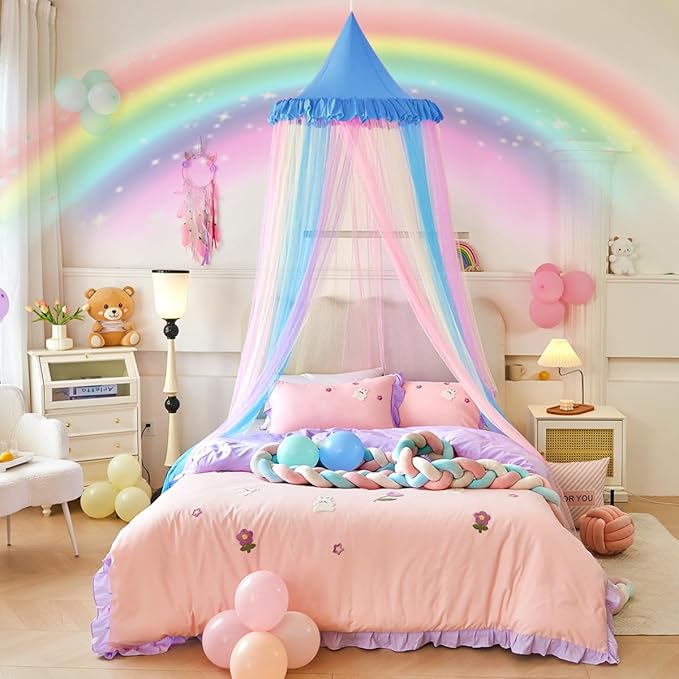 Kertnic Rainbow Bed Canopy for Girls Dreamy Mosquito Net for Bed Round Dome Princess Bed Canopy Girl Room Play Tent Kids Canopy Bed Netting Curtains (Single Layer- Blue)