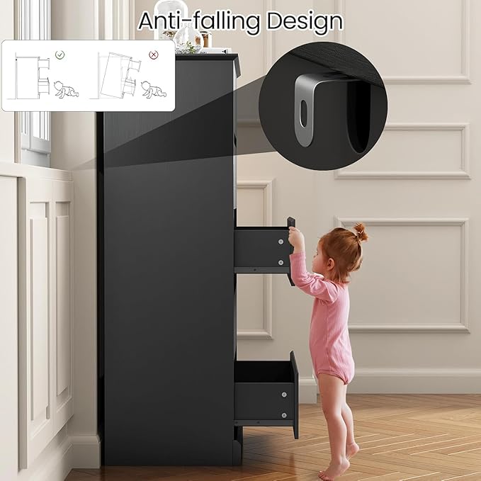 5 Drawer Dresser, Modern Tall Dresser for Bedroom, Wooden Black Chest of Drawers with Large Stoage, Vertical Dressers for Bedroom,Living Room, Entryway, or Hallway, Black