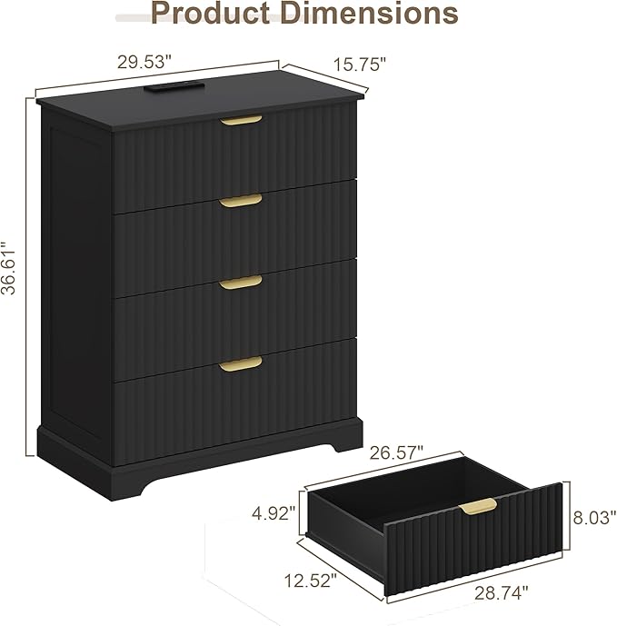 Fluted Dresser with 4 Drawers for Bedroom, 36.6" Tall Dresser with Charging Station, Wooden Chest of Drawers for Bedroom, Living Room, Entryway, Black