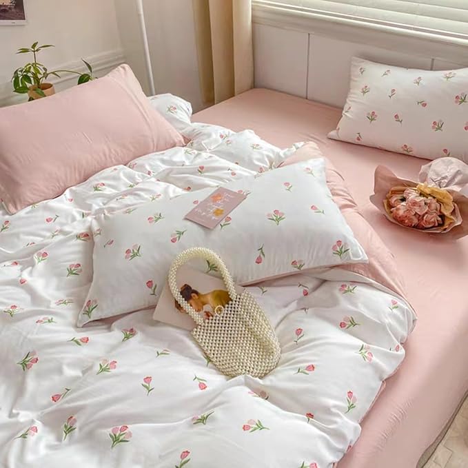 Floral Duvet Cover King 3Pcs Girls Cute Pink Tulips Duvet Cover Set Modern Aesthetic Bedding Set Ultra Soft Breathable Garden Flower Bedding with 2 Pillowcases(No Comforter)