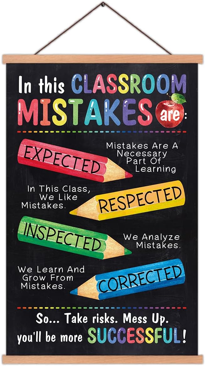 KAIRNE Kids Classroom Mistake Educational Poster With Wood Magnetic Hanger,Inspirational Quote Hanging Wall Art(35X56CM) Child Positive Canvas Art Print For Kids Room Classroom School Playroom Decor