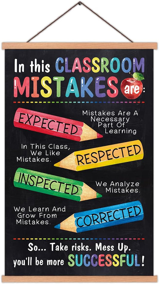 KAIRNE Kids Classroom Mistake Educational Poster With Wood Magnetic Hanger,Inspirational Quote Hanging Wall Art(35X56CM) Child Positive Canvas Art Print For Kids Room Classroom School Playroom Decor