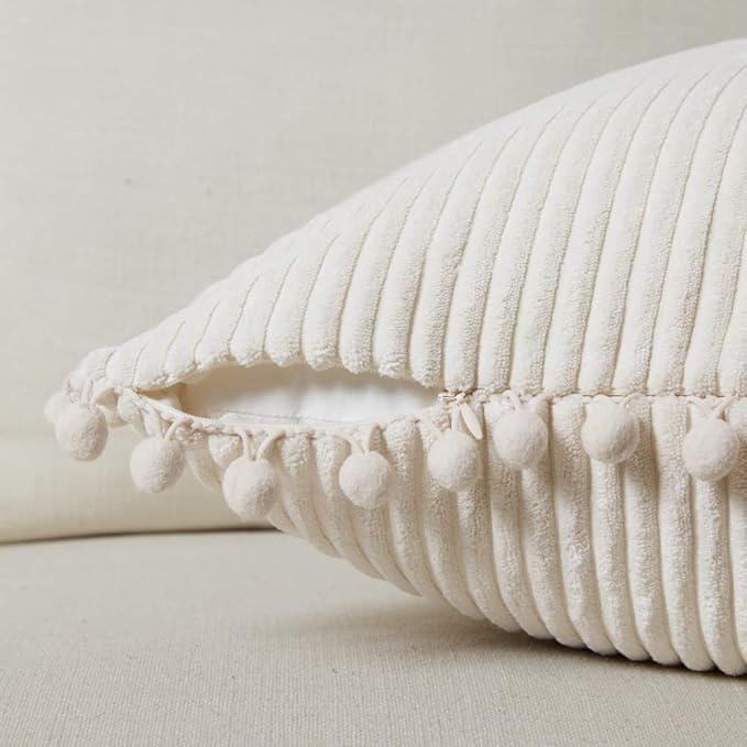 Fancy Homi Pack of 2 Boho Rectangle Decorative Throw Pillow Covers with Pom-poms, Soft Corduroy Accent Solid Cushion Case Set for Couch Sofa Bedroom Car Living Room (14x24 Inch/35x60 cm, Cream)