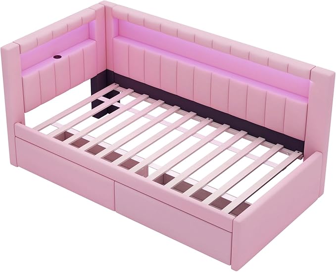 Twin Size Soft Daybed with Storage Drawers, Shelves and LED Belt, Linen Upholstered Corner Bed with L-Shaped Bookshelf Headboard and USB Charger for Kids Boys Girls, Pink