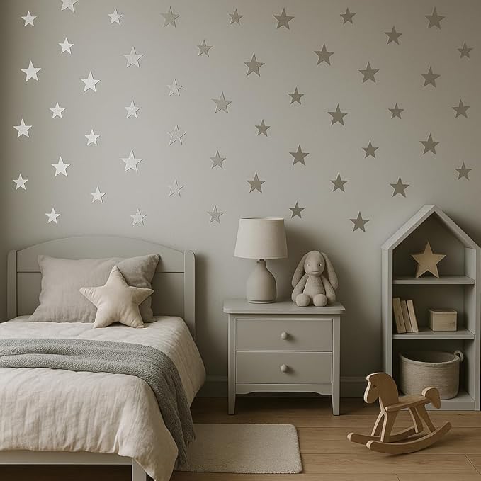 155 Pieces Silver Star Wall Decals – Self-Adhesive Stickers for Kids' Rooms, Nurseries, and Bedrooms by BUGYBAGY