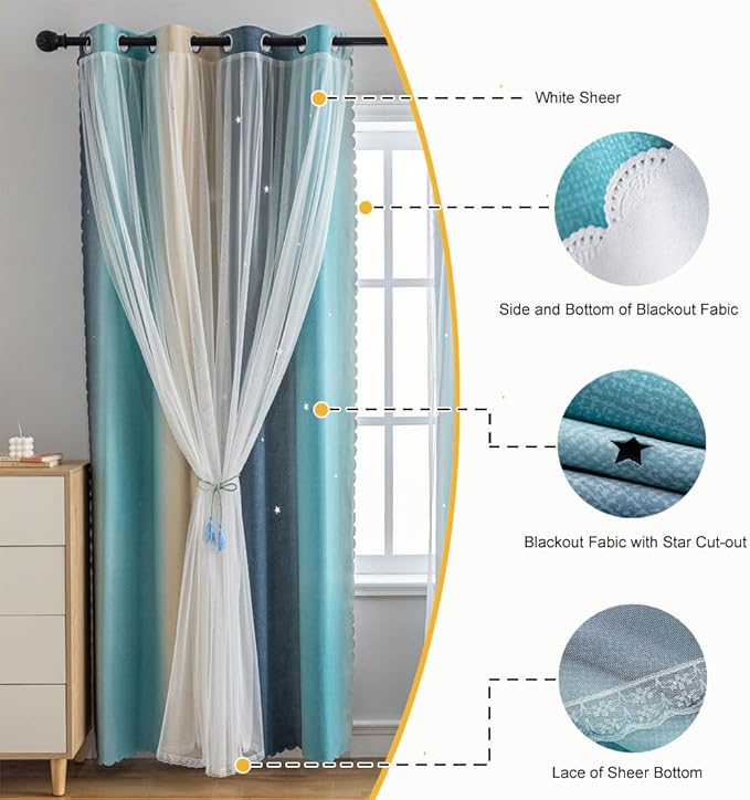 Star Girl and Kids Curtains for Bedroom Rainbow Ombre Double Layer Cute Shot Nursery Darkening Grommet Princess Room Décor 2 Panels Living Room Window Curtain (Blue Yellow52W x 63L