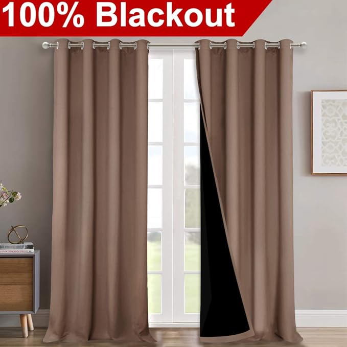 NICETOWN 100% Blackout Curtains Thermal, Noise Reduction and Privacy Curtains for Patio Door, Black Lined Blackout Drapes with Grommet Top, Cappuccino, 1 Pair, W52 x L102