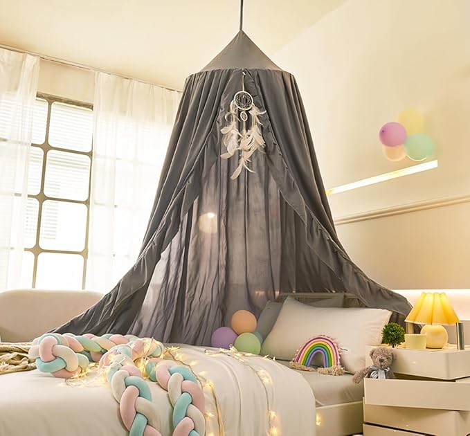 Mengersi Bed Canopy for Girls,Ruffled Canopy Bed Curtains Canopy for Girls Room,Hanging Canopy Princess Play Tent for Reading Nook Play Room Decor (Gray)