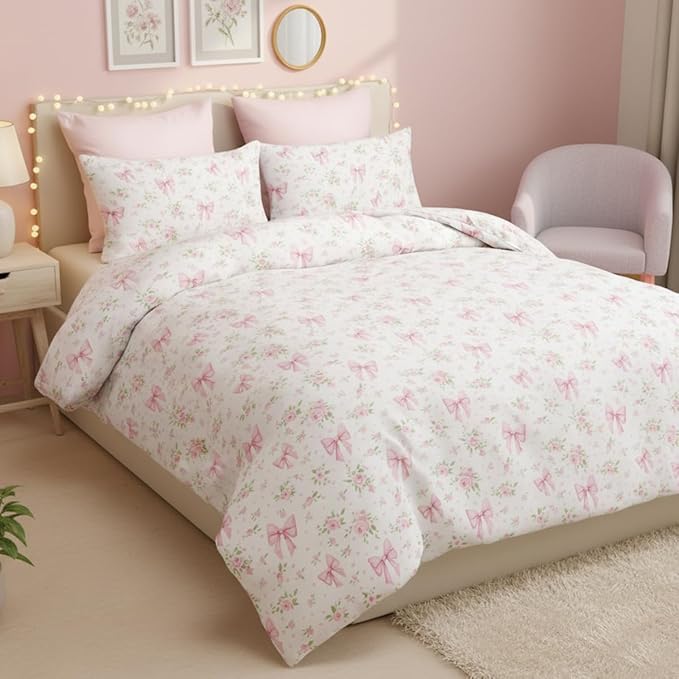 Duvet Cover King 3Pcs Pink Floral Bow Bedding Set for Girls Kids,Cute Princess Style Bowknot Bedding,Ultra Soft Garden Flower Bedding with 2 Pillowcases(No Comforter)