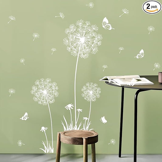 2 Sheets Dandelion Wildflower Wall Decals Art, Wall Stickers Peel and Stick Floral Butterflies Flying Decor for Girls Kids Women Baby Nursery Living Room Bedroom Bathroom Hallway Stairwell (White)