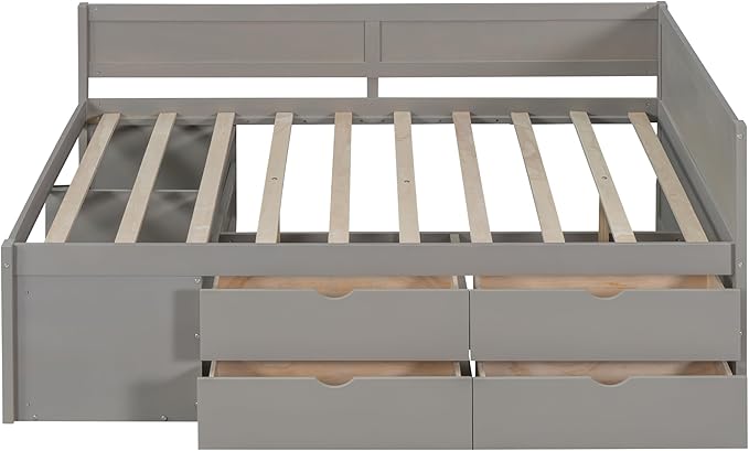 Full Size Daybed with 4 Storage Drawers and Shelves, Wooden Full Platform Bed Frame with L-Shaped Headboard and Slats Support, Corner Bed Full Captain Beds for Kids Boys Girls Teens, Gray